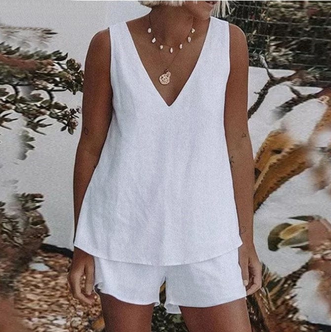 Summer linen plain simple casual set elastic waist shorts tank top two piece ladies sets plus size women's clothing