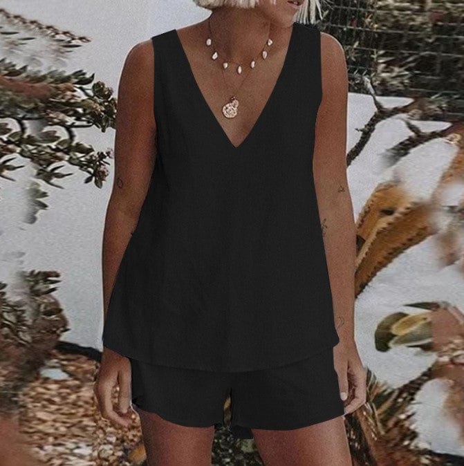 Summer linen plain simple casual set elastic waist shorts tank top two piece ladies sets plus size women's clothing