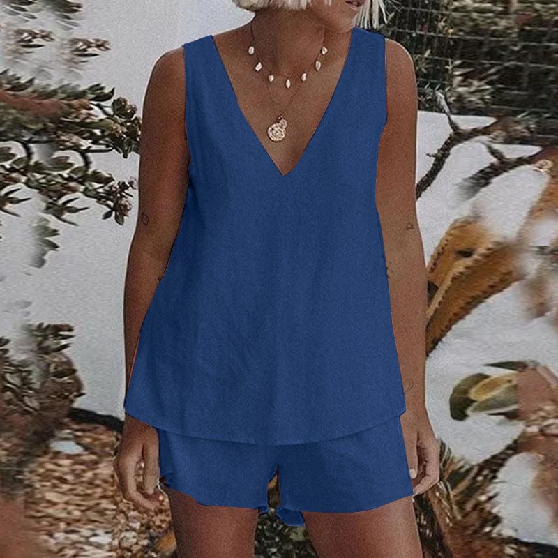 Summer linen plain simple casual set elastic waist shorts tank top two piece ladies sets plus size women's clothing