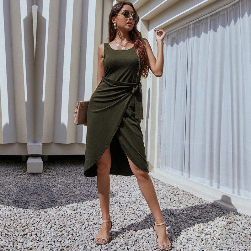 Summer New Arrival Ladies Sexy Slim Solid Color Cotton Sleeveless Irregular Women Backless Bodycon Knee Mid-long Dress