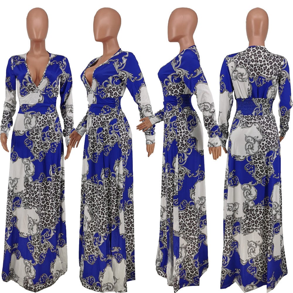 Summer New V Neck High Waist Printed Floral African Women Casual Dress