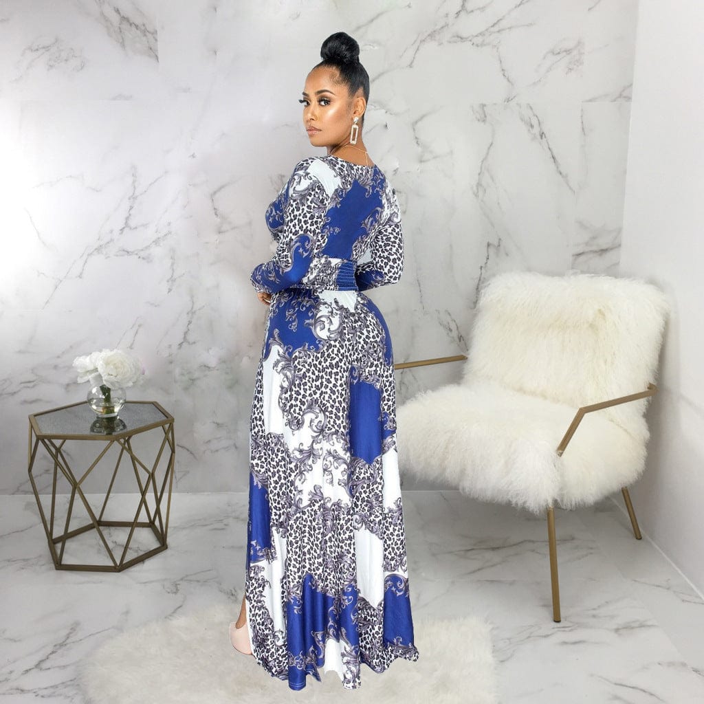 Summer New V Neck High Waist Printed Floral African Women Casual Dress