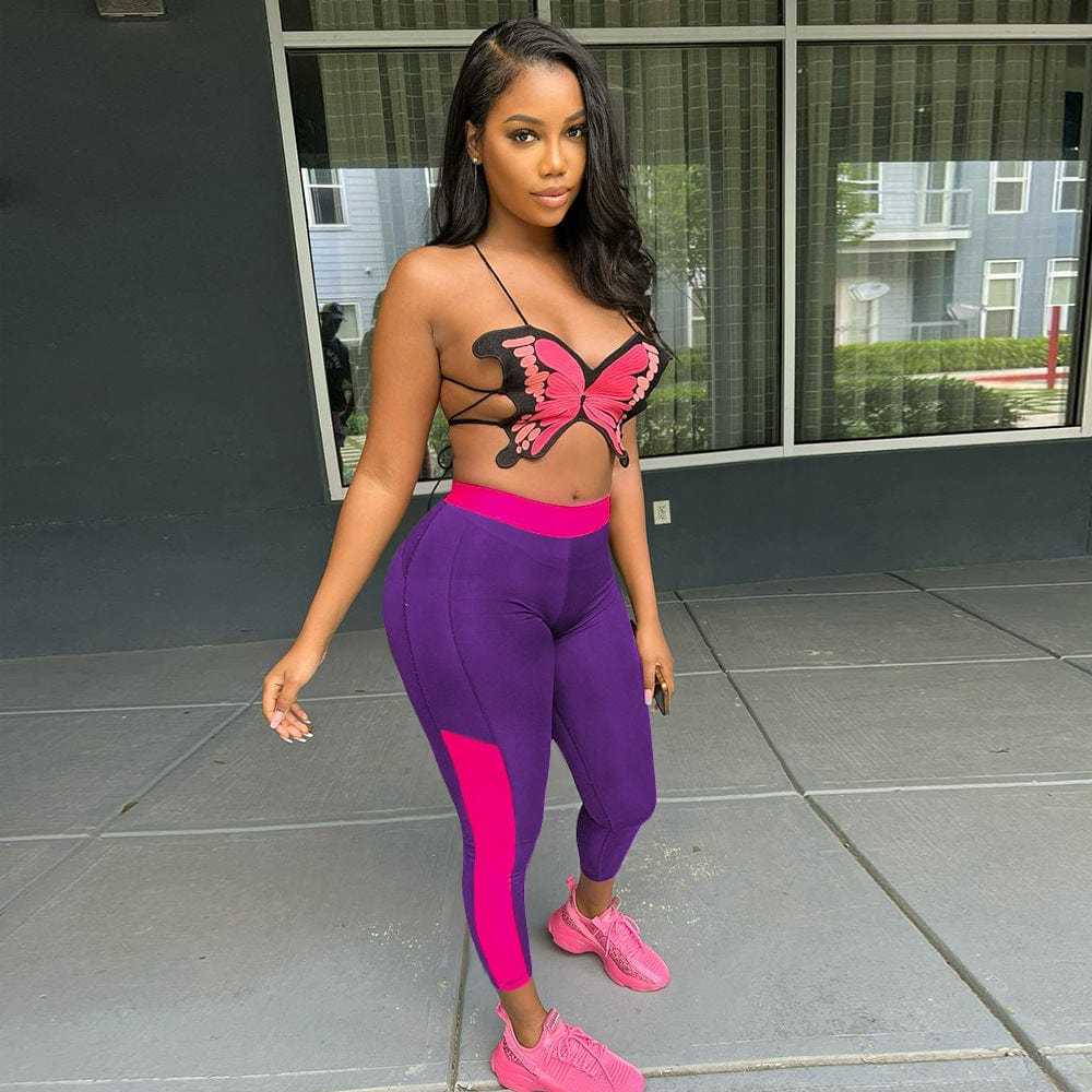 Summer New Women's sexy Butterfly Print Sleeveless Sling Top Color Block Stretch Pencil Pants Two Piece Set Women Clothing