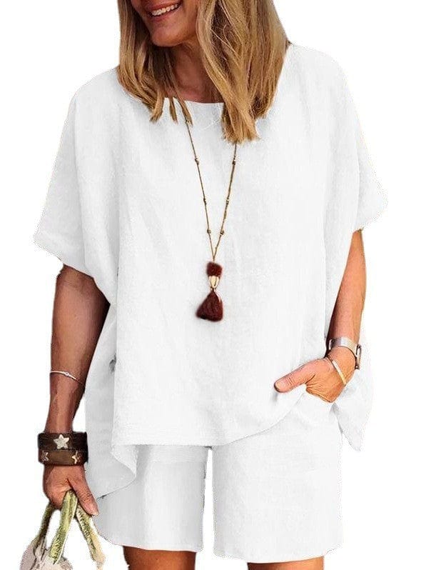 summer plus size women's clothing women linen sleek loose fit short sleeve shorts two piece ladies sets