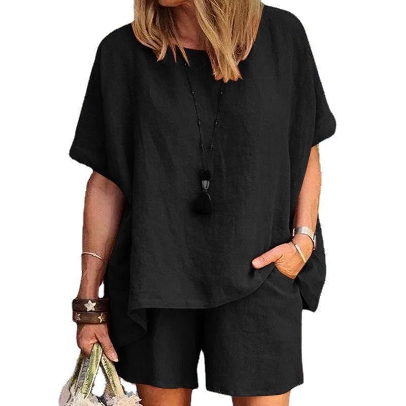 summer plus size women's clothing women linen sleek loose fit short sleeve shorts two piece ladies sets