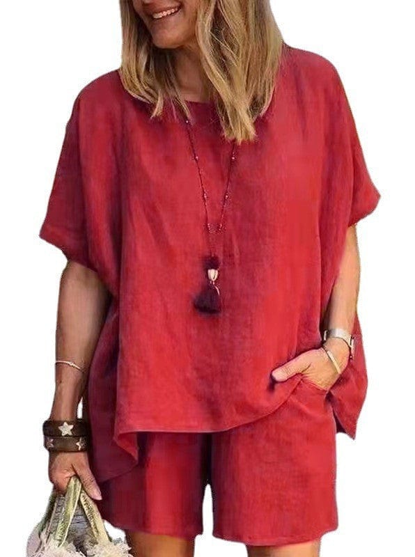 summer plus size women's clothing women linen sleek loose fit short sleeve shorts two piece ladies sets
