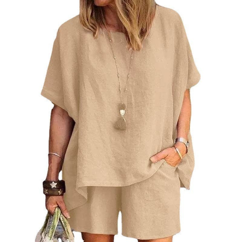 summer plus size women's clothing women linen sleek loose fit short sleeve shorts two piece ladies sets