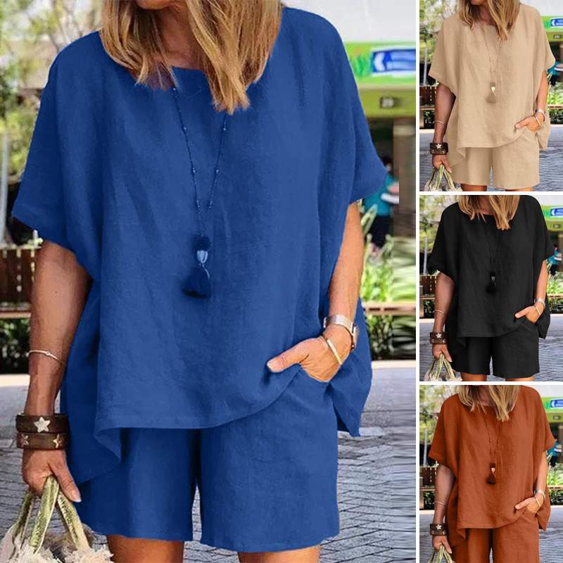 summer plus size women's clothing women linen sleek loose fit short sleeve shorts two piece ladies sets
