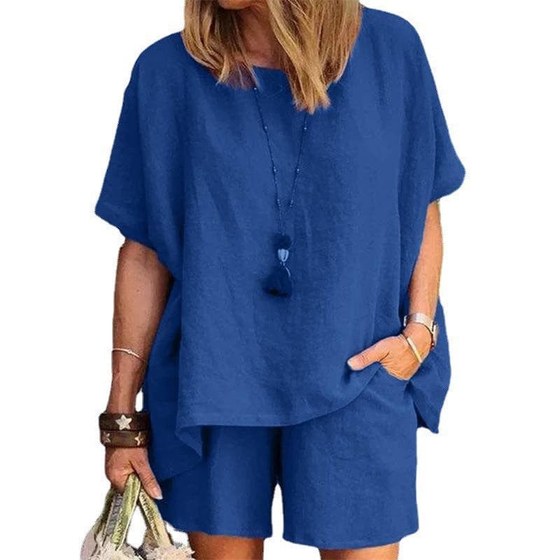 summer plus size women's clothing women linen sleek loose fit short sleeve shorts two piece ladies sets