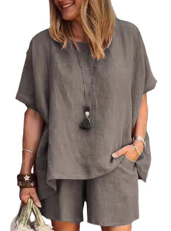 summer plus size women's clothing women linen sleek loose fit short sleeve shorts two piece ladies sets