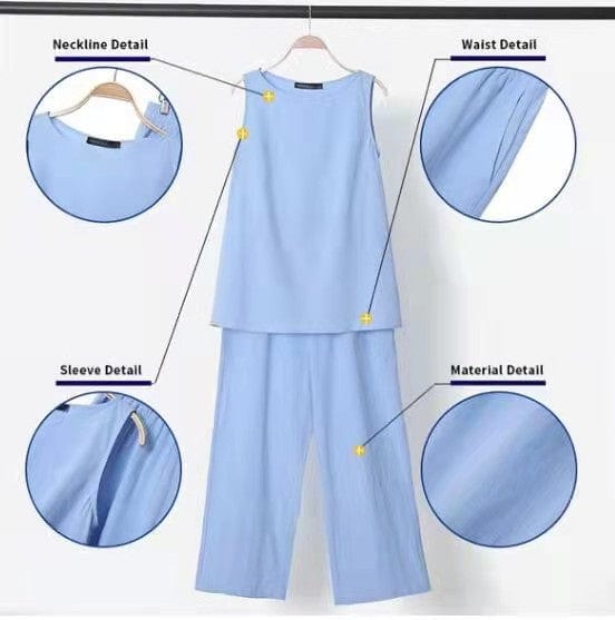 Summer plus size women's clothing women new cotton linen 2 set sleeveless top cropped wide leg pants two piece ladies sets