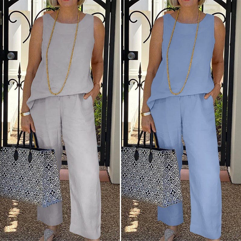 Summer plus size women's clothing women new cotton linen 2 set sleeveless top cropped wide leg pants two piece ladies sets