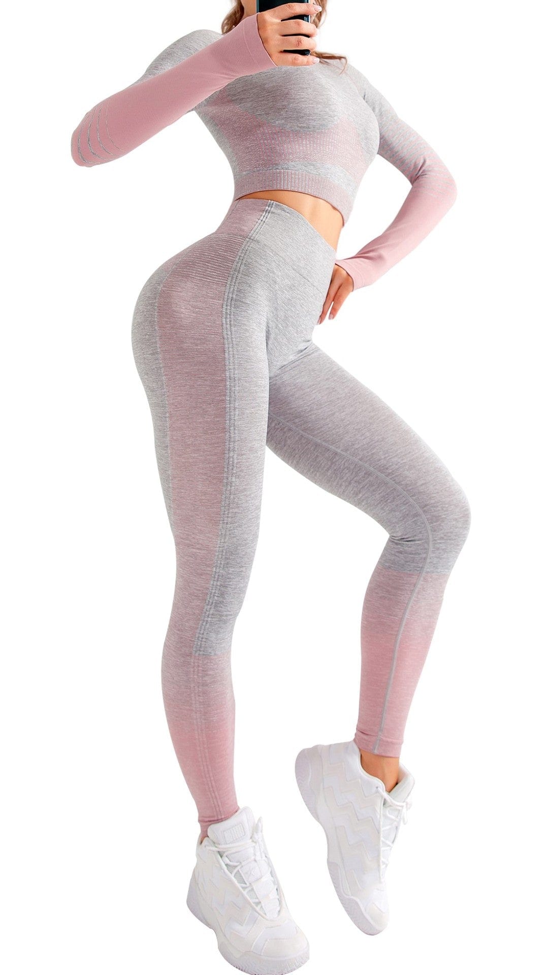 Summer Seamless Rib Yoga Set Sport Outfits Women Two 2 PCS Dry Fit Tight Long Sleeve Crop Top Leggings Workout Gym Suit Fitness