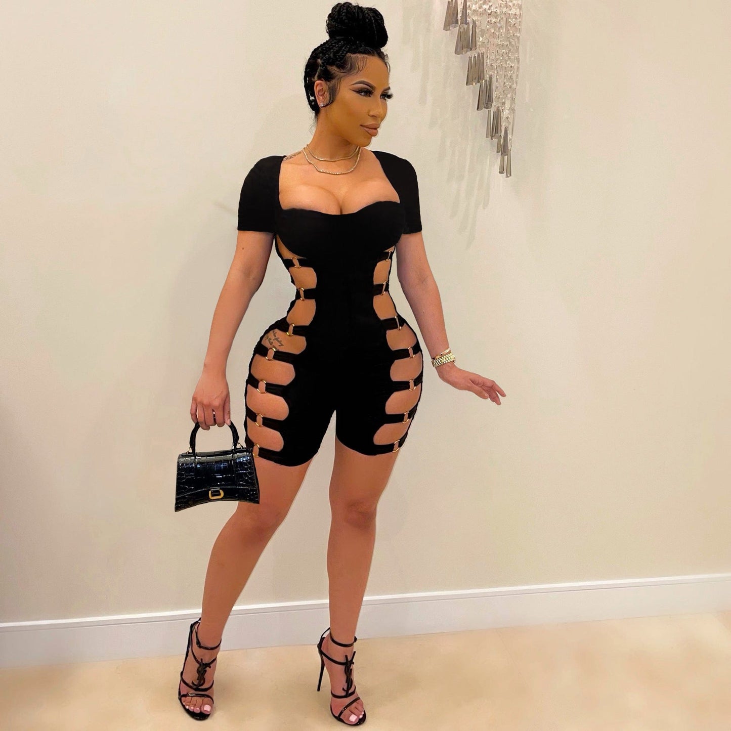 Summer Short Casual Sport Jumpsuit Side Hollow Out One Piece Jumpsuit For Girls Bodycon Playsuit