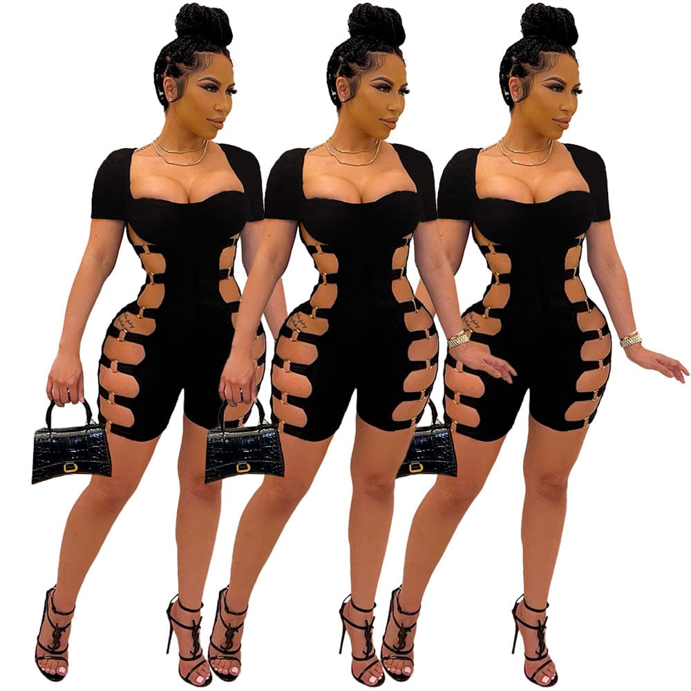 Summer Short Casual Sport Jumpsuit Side Hollow Out One Piece Jumpsuit For Girls Bodycon Playsuit