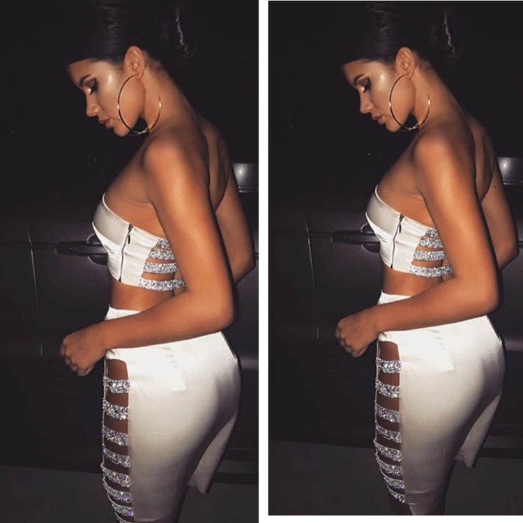 Summer Top Quality Celebrity Black White 2 Pieces Set Side Hollow Out Party Fashion Rayon Bandage Dress