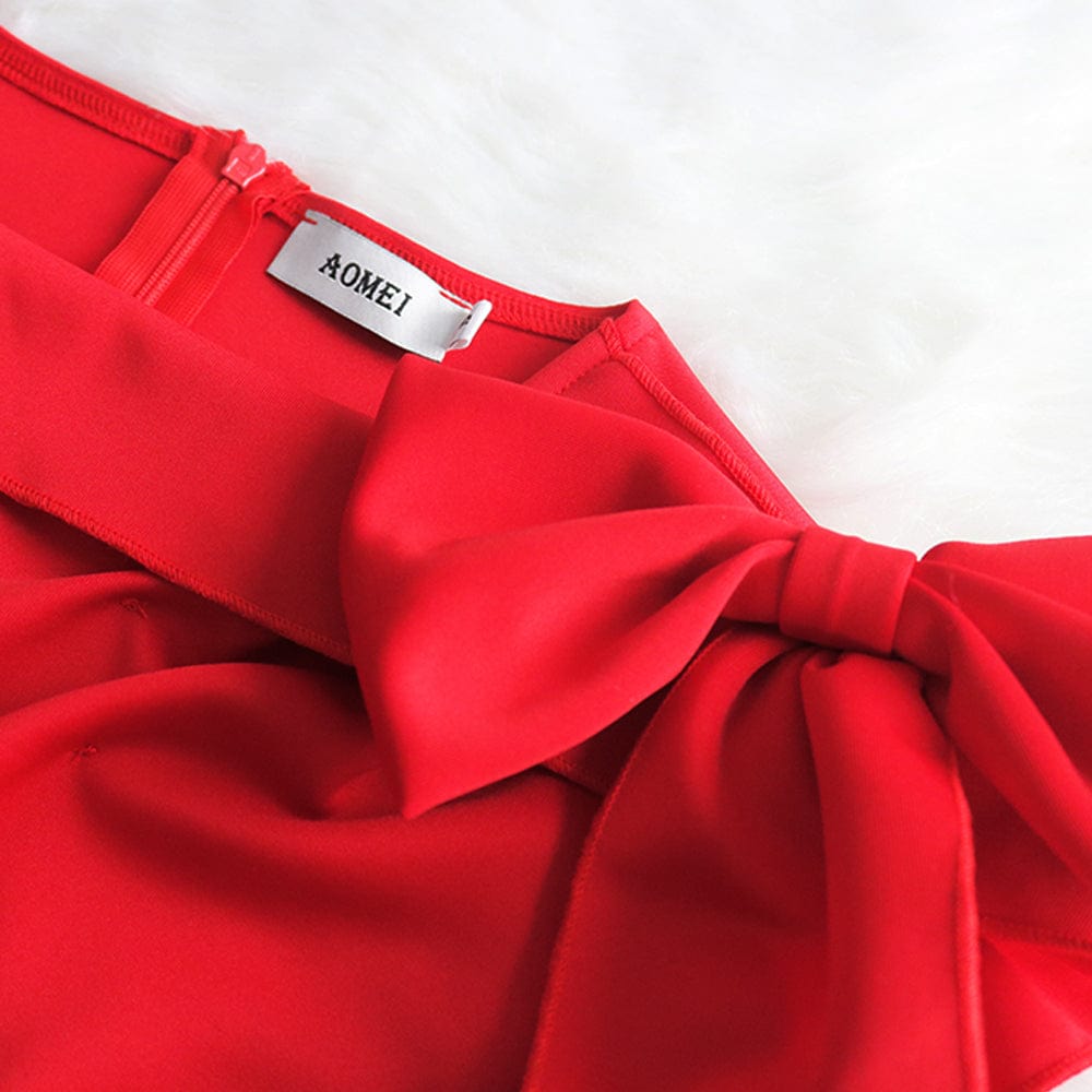 Summer Trendy Red Elegant Bowtie Ruffle Party Lady Career Office Dress