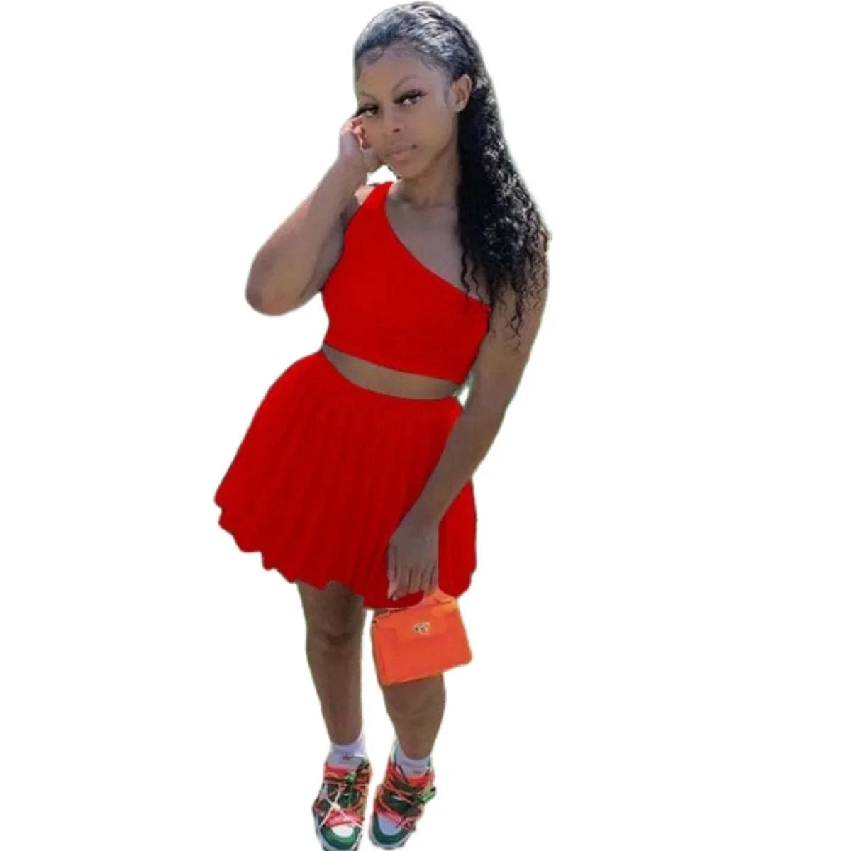 Summer Two Piece Skirt Set Women Clothing Tracksuit One Shoulder Top Pleated Skirt 2 Piece Tennis Skirt Outfits