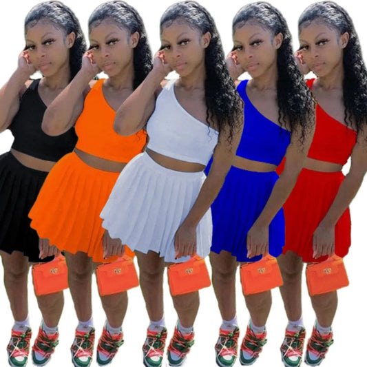 Summer Two Piece Skirt Set Women Clothing Tracksuit One Shoulder Top Pleated Skirt 2 Piece Tennis Skirt Outfits