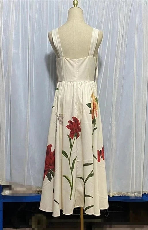Summer Vietnam Long Dress Women's Three-dimensional Vintage Flower Dress Lady Waist Slimming Strap Sweet Dress