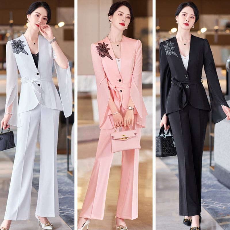 Summer Wear OEM Wholesale 2 piece Set High-quality Women Pant Suit Fashion Slit Sleeves Lady Office Blazer and Trousers