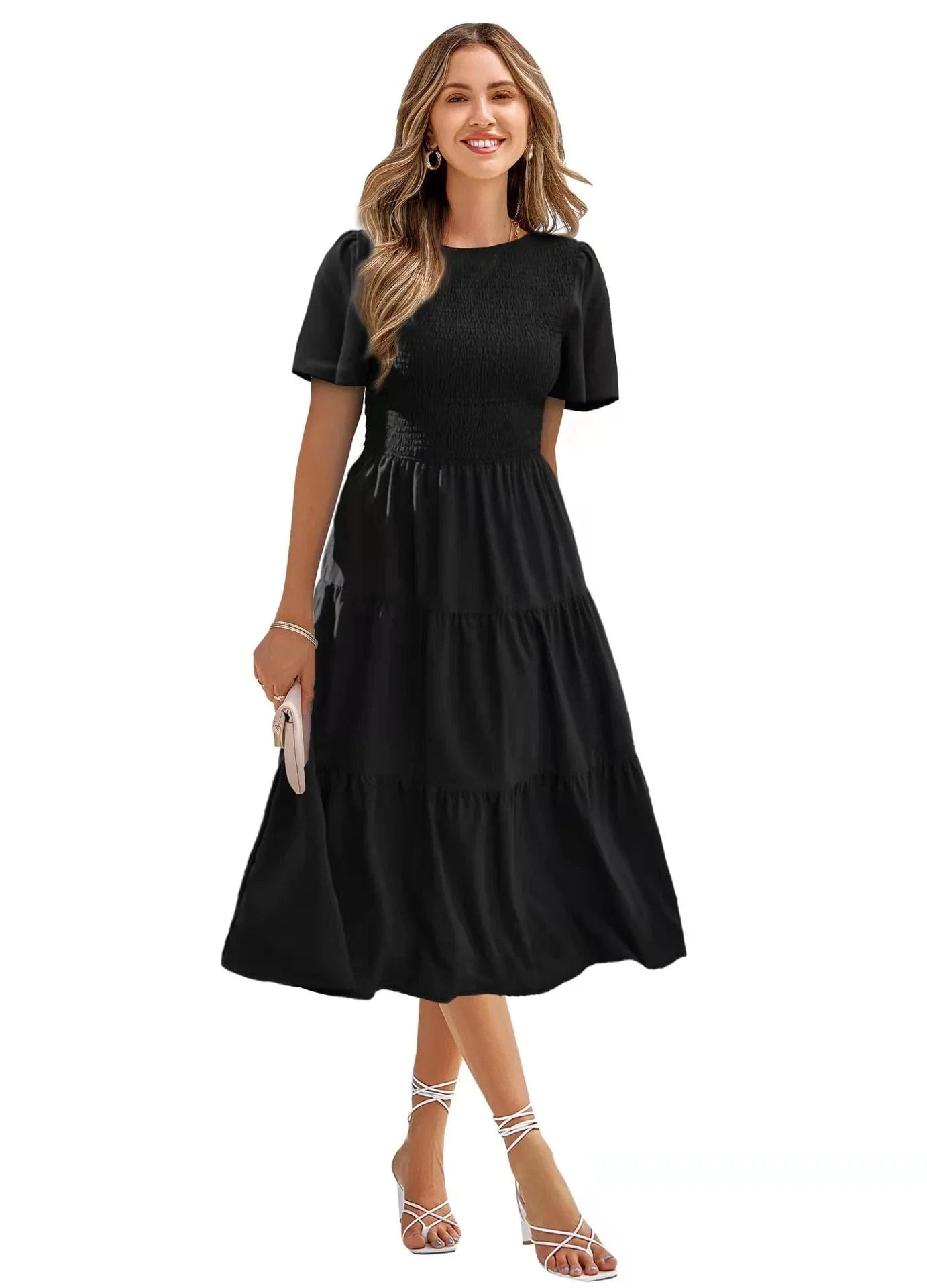 Summer Wholesale Lady Elegant Casual Long Dresses Short Sleeve Round Collar Women's Beach Holiday Dress