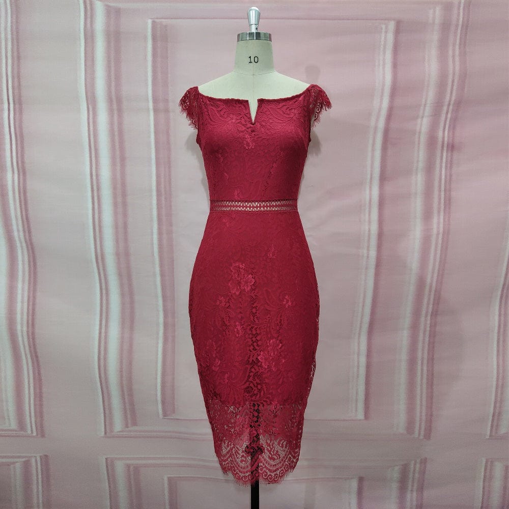 Summer Wholesale Red Blue Slash Neck Bodycon Lace Casual Dress Ladies