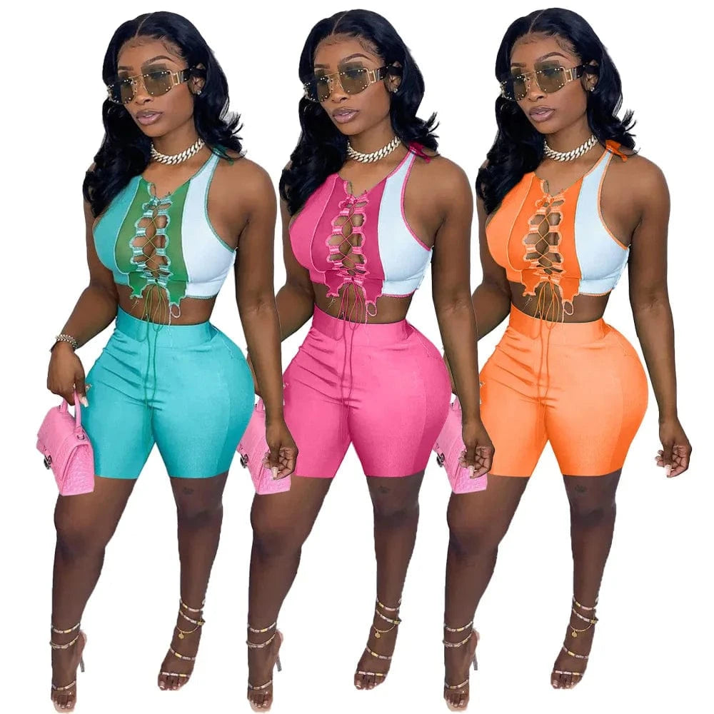 Summer Women Casual Two Piece Short Set Sleeveless Lace Up Crop Top Cut Out Sport Sexy 2 Piece Ladies Outfits