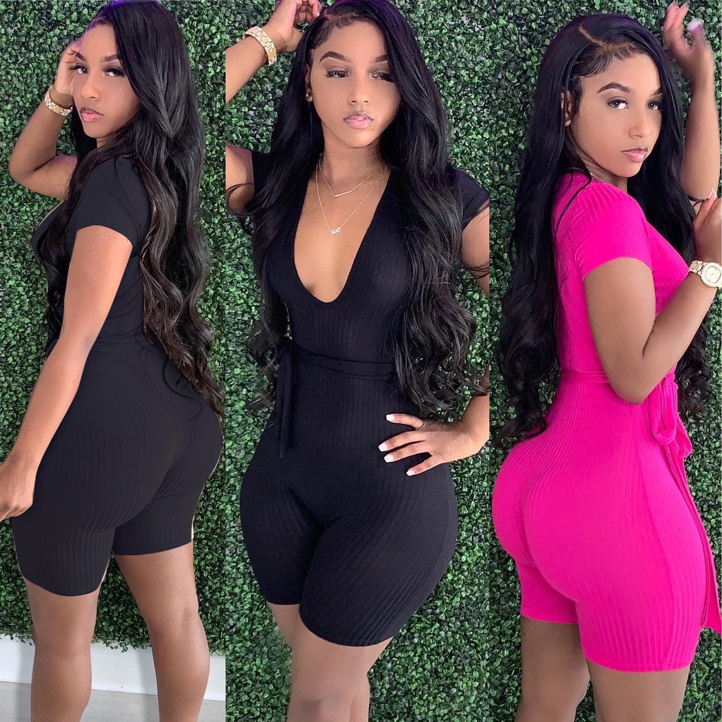 Summer women clothes Short sleeve V neck ribbed knit one pieces rompers woman jumpsuit