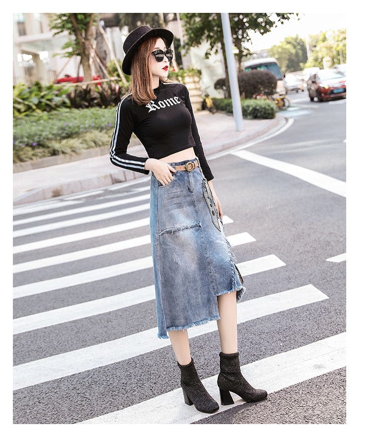 Summer Women Clothing Denim Fabric Destory Washed A-line Jeans Skirts Mid-calf Length High Waist Women Skirts Cowboy Solid Color