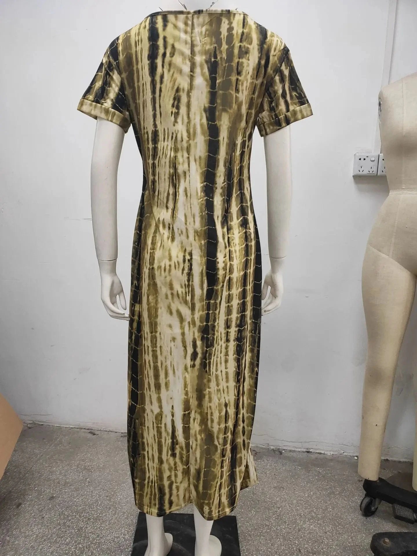 Summer Women Dresses Tie Dye Print Side Split Loose Long Dress Curved Hem V Neck Short Sleeve Maxi Dress EQ1069