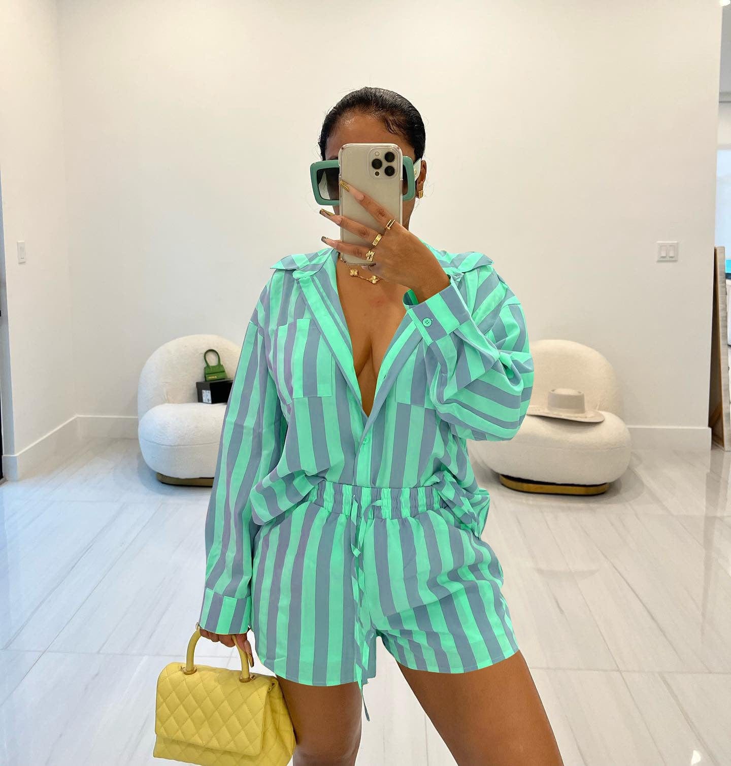 Summer Women's Fashion Nylon Elastic Fabric Stripe Two Piece Set Casual Polo Collar Shirt Set for Women