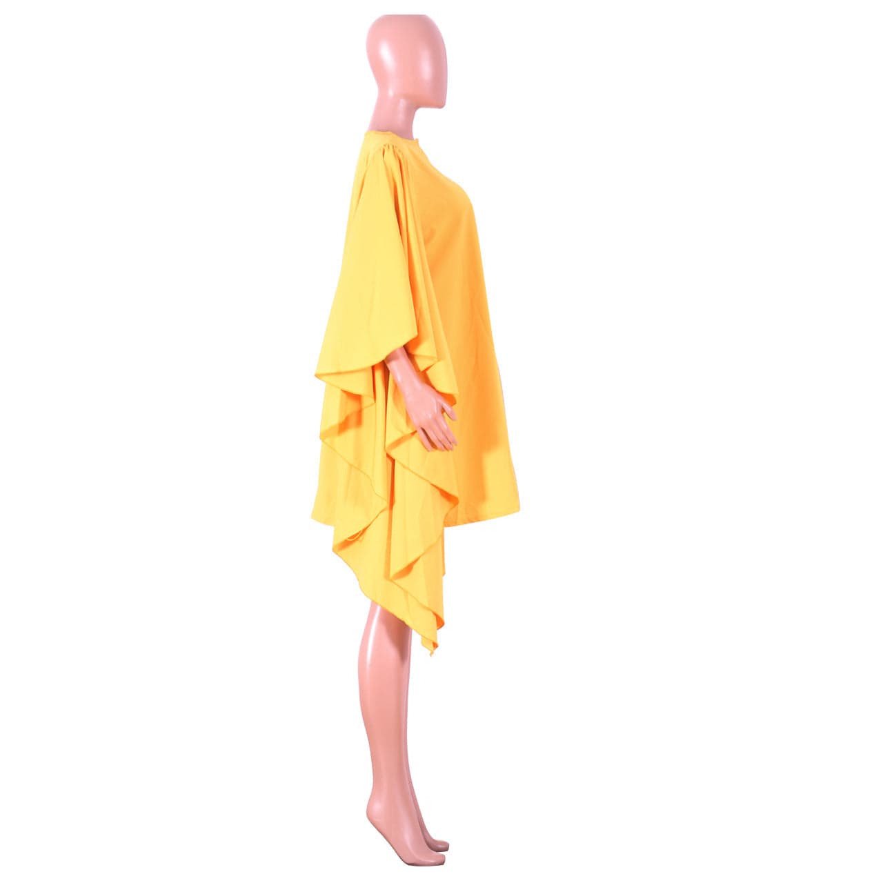 Summer Yellow Loose Large Size O Neck Pleated Batwing Sleeve Dress Casual Lady