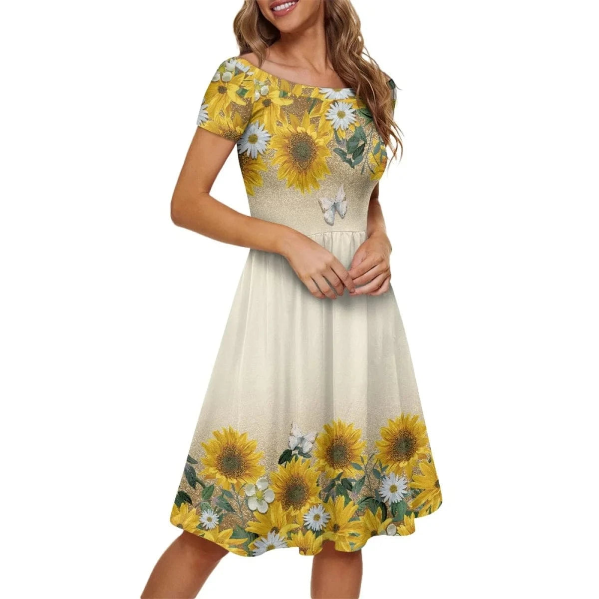 Sunflower Print 2024 Women's Summer Short Sleeve Casual Dress Crew Neck Beach Cover Up Cute Girl Floral Casual Dresses for Women