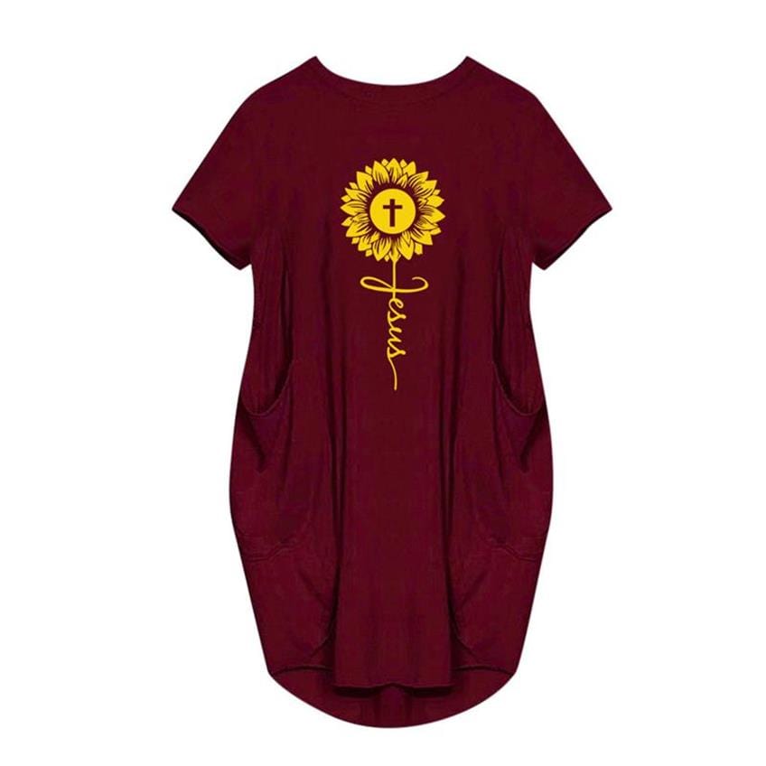 Sunflower Print Plus Size Dresses For Women Ladies Oversized Short Sleeve Pocket Mini Dress Casual Loose Summer Faith JesusCross