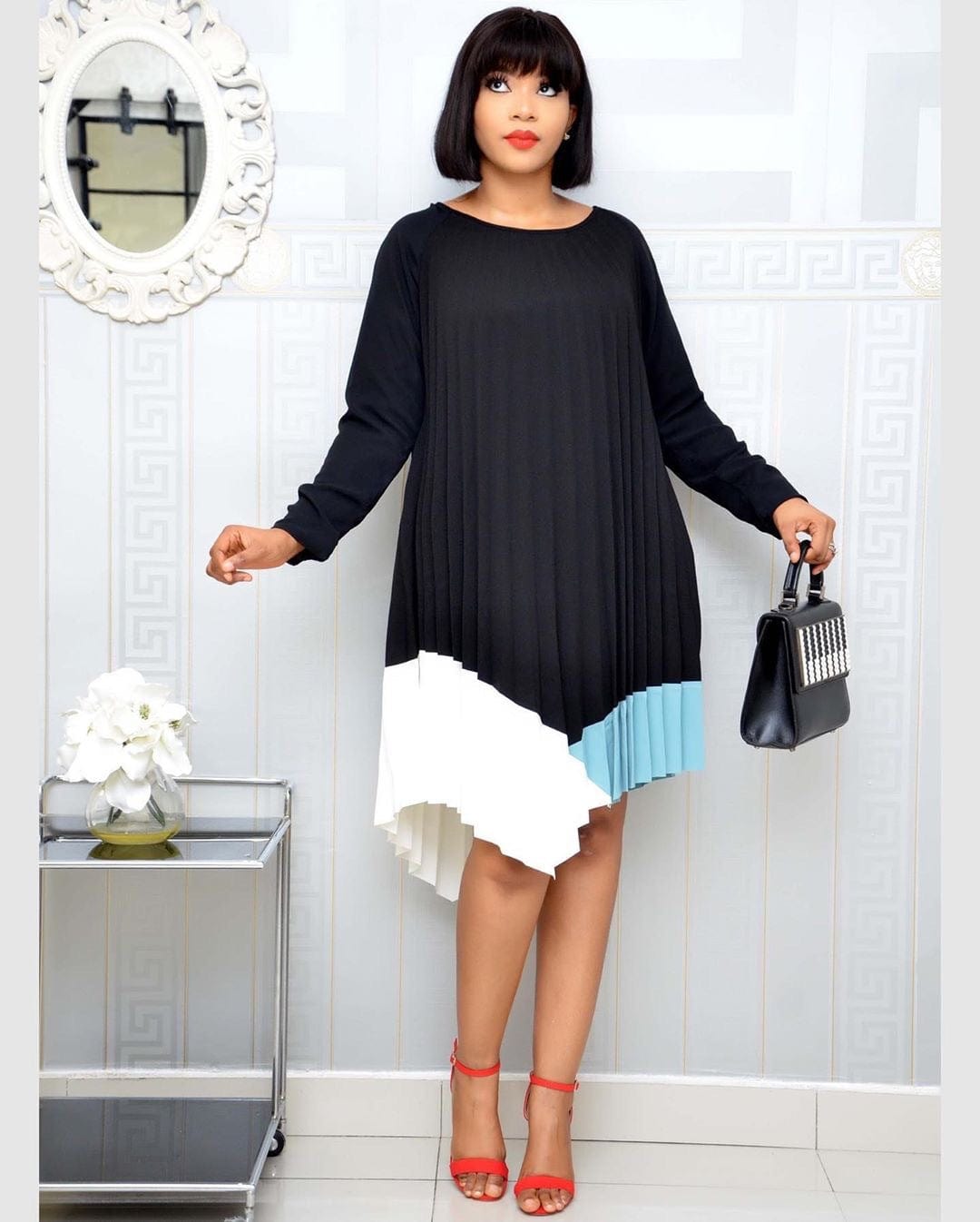 Sweet Autumn Three Colors Patchwork Pleat Women Mini Casual Dresses