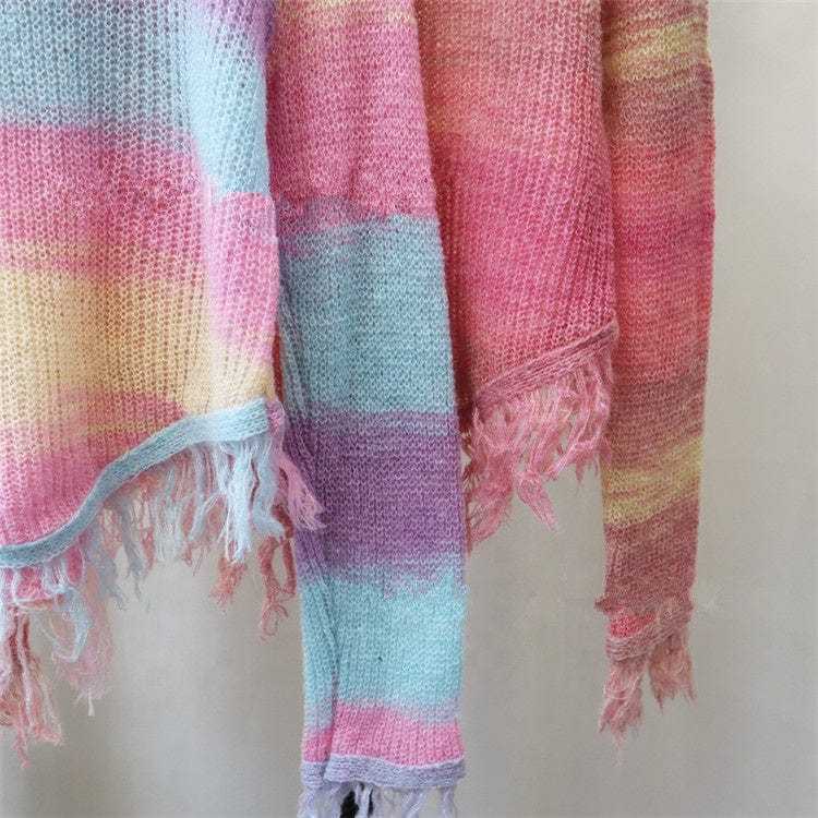 Sweet Chic Women's Pullover Sweater Tassels Knitted O-neck Gradient Loose Design Female Sweaters