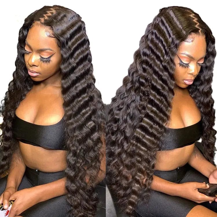 Swiss Lace Deep Wave Remy Brazilian Human Hair Natural Color Pre Plucked 13*4 Lace Front Wigs