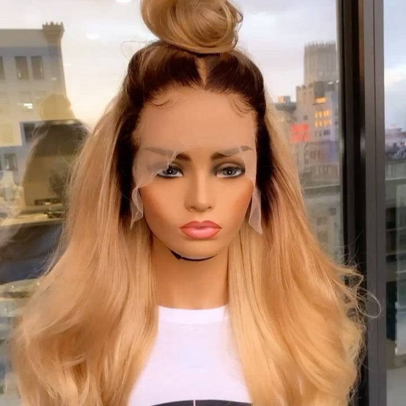 Swiss Lace Ombre Honey Blonde Color High Ponytail Body Wave Cuticle Aligned Human Hair HD Lace Front Wigs