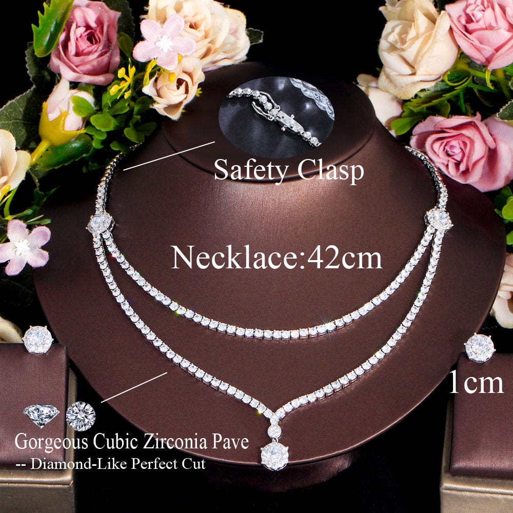 T0900 Chic Dangle Drop Round CZ 2 Layers Multiple Necklace and Earrings Women Wedding Banquet Jewelry Sets Bridal Costume Accessory