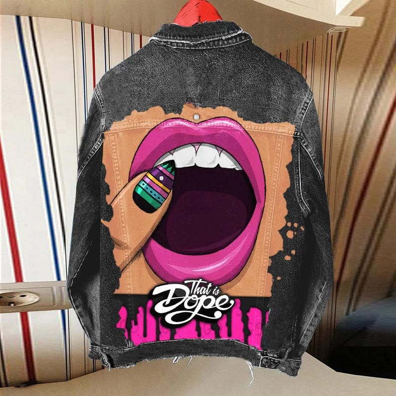 Teeth Pattern Casual European and American Printing Trend Hip-hop Denim Jacket Long Sleeved Loose Jacket for Women