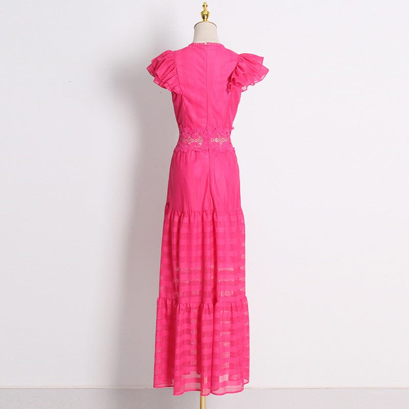 Temperament Lady Style Solid Long Skirt 2022 Autumn New Round Neck Sleeveless Ruffle Lace Hollow Dress