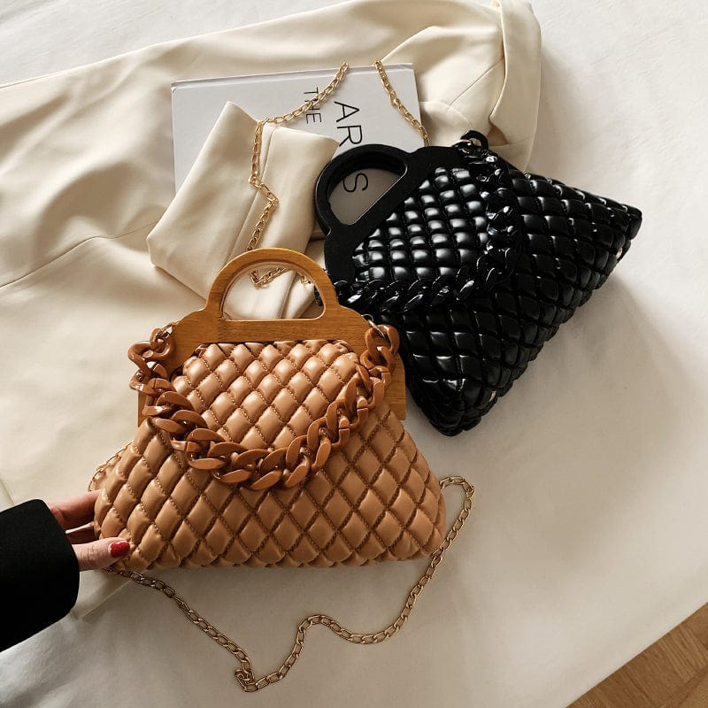Thick Chains Design Quilted Crossbody Bag PU Leather Padded Shoulder Wooden Handle Luxury Handbags for Women 2022