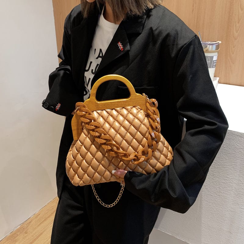 Thick Chains Design Quilted Crossbody Bag PU Leather Padded Shoulder Wooden Handle Luxury Handbags for Women 2022
