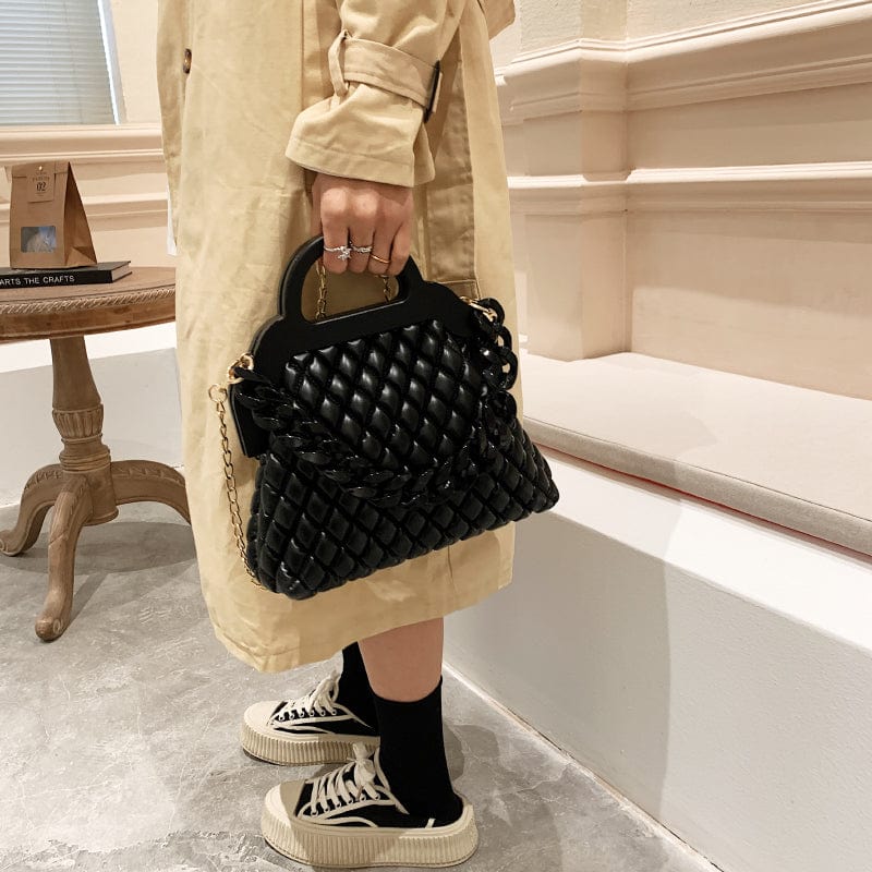 Thick Chains Design Quilted Crossbody Bag PU Leather Padded Shoulder Wooden Handle Luxury Handbags for Women 2022