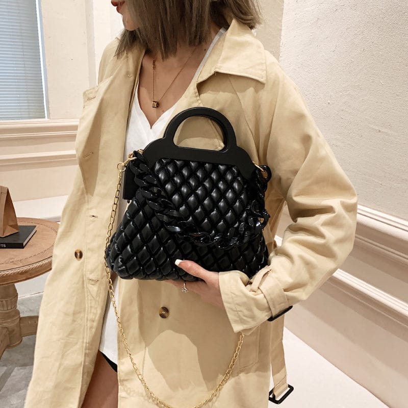 Thick Chains Design Quilted Crossbody Bag PU Leather Padded Shoulder Wooden Handle Luxury Handbags for Women 2022