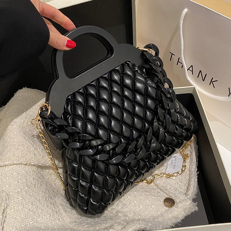 Thick Chains Design Quilted Crossbody Bag PU Leather Padded Shoulder Wooden Handle Luxury Handbags for Women 2022