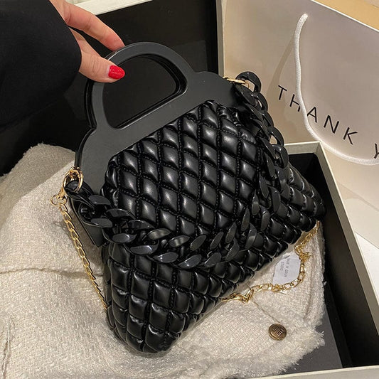 Thick Chains Design Quilted Crossbody Bag PU Leather Padded Shoulder Wooden Handle Luxury Handbags for Women 2022