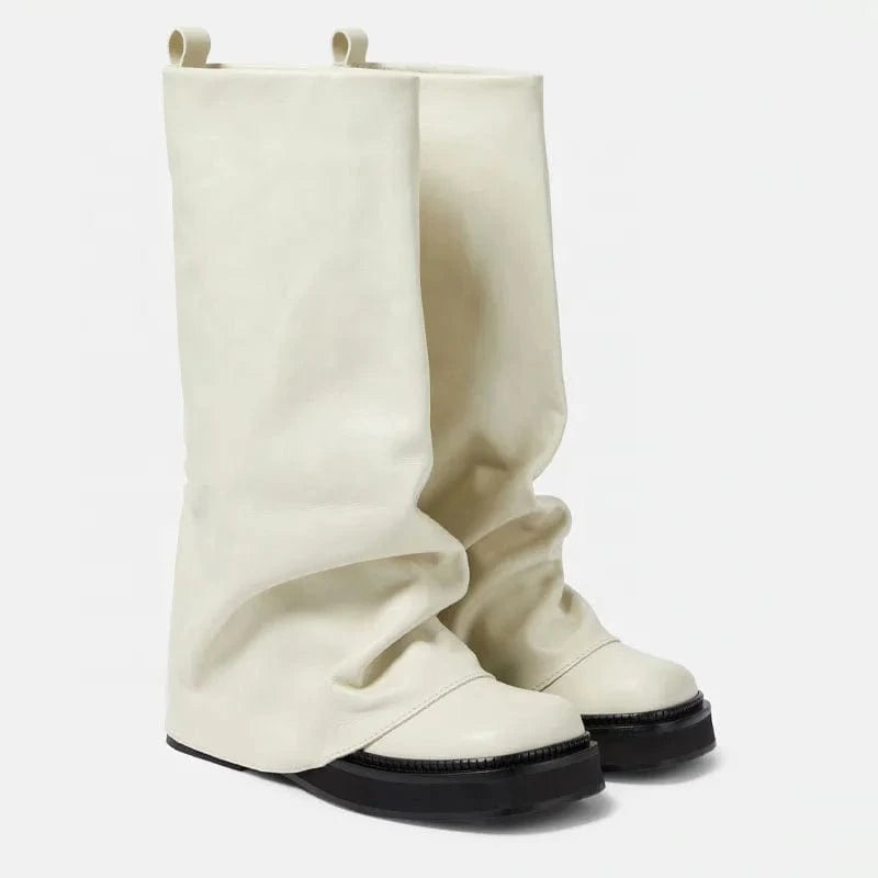 Thick Sole Loose Upper Shoes Leather Flat Heels Square Toe Slouchy Long Boots Women's Wide Fit Knee High Booties