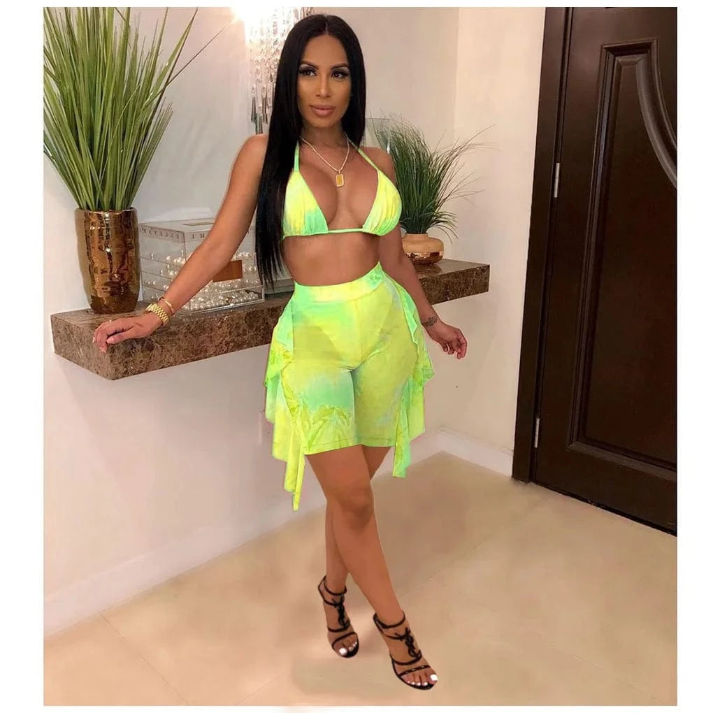 Tie-dye print sexy mesh bikini set